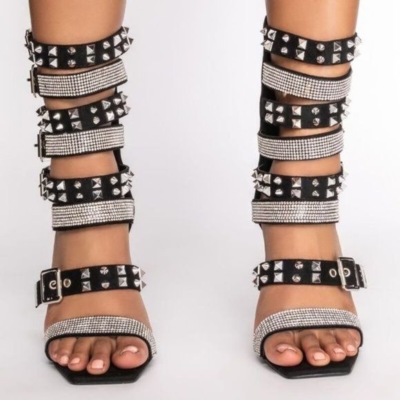 Xena Spiked & Studded: Black Suede Gladiator Stiletto Sandal  6 - Picture 2 of 5